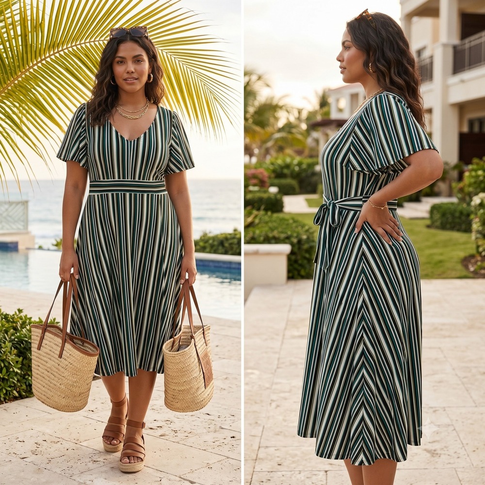 Torrid Crepe Studio‎ Knit Flutter Sleeve Midi Dress Striped Size 2X Plus Pockets